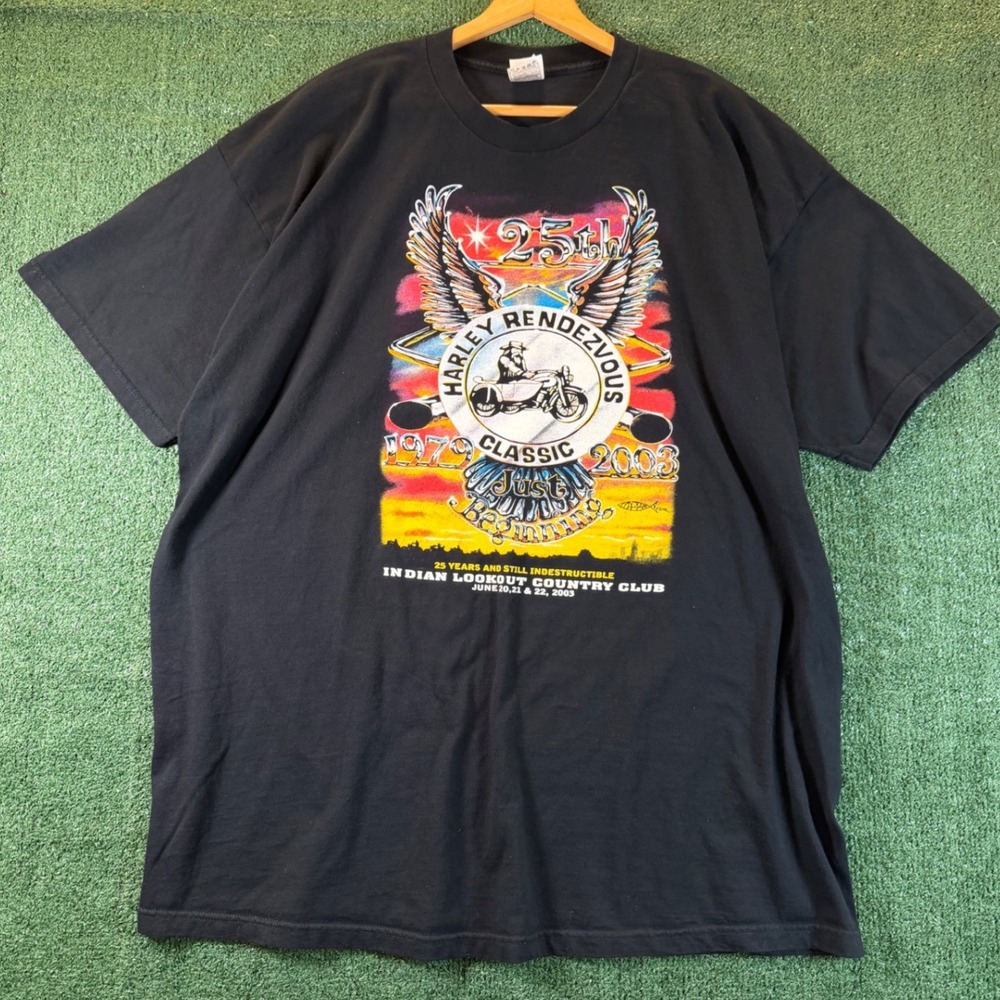 Vintage Fruit of the Loom Harley Rendezvous T-Shirt Mens 3XL Black 2003 Graphic